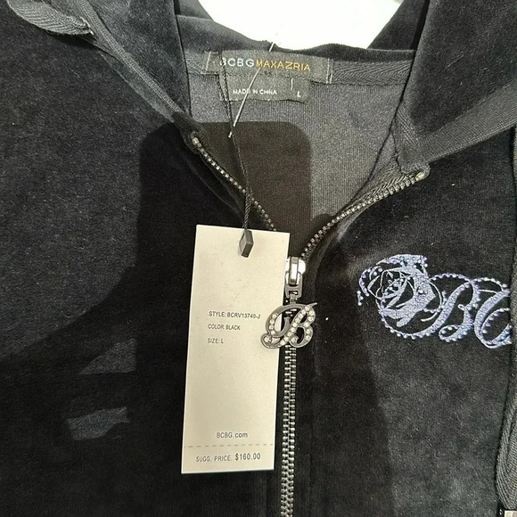 NWT BCBGMaxAzria Velvet Rhinestones Iridescent Roses Hoodie Track Suit 2-Piece - Picture 5 of 13